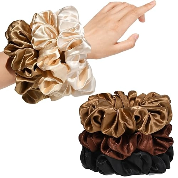 CEELGON Brown Black Big Satin Scrunchies for Women 6.3Inches Large Scrunchie Coffee Satin Oversized Thick Elastic Hair Ties Jumbo Hair Scrunchies 6 Pack (black,coffee, champagne,brown,grey,dark brown) - Oversized Black