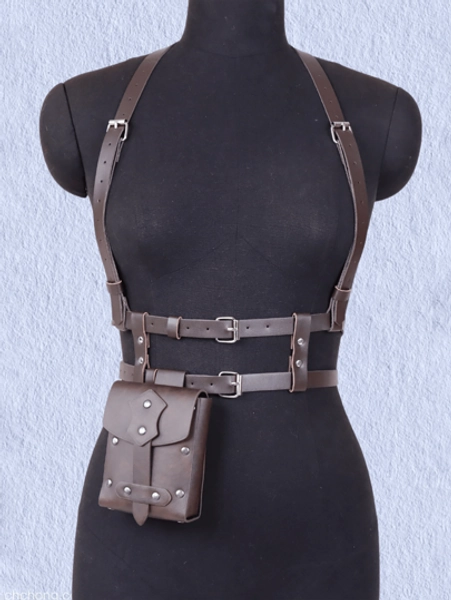 1 Set Fashion Women PU Leather Harness Suspender Vintage Dark Brown Waist Belt With Detailed Fanny Pack, Versatile Punk Double Layer Waist Belt