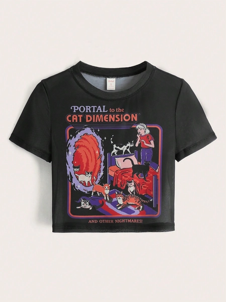 Cartoon Graphic Mesh Crop Top
