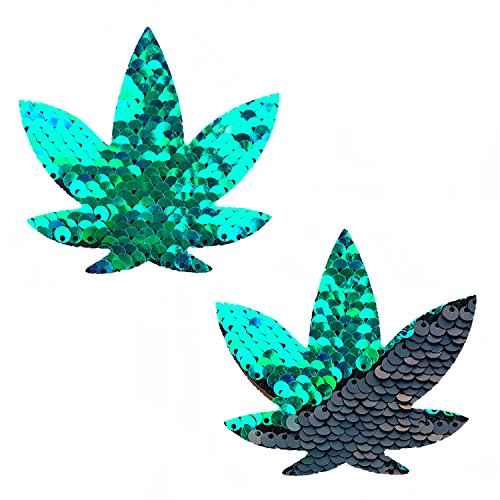Neva Dope AF Weed Leaf Nipztix Pasties Covers - Sequin - Ariel Green Black Sequin