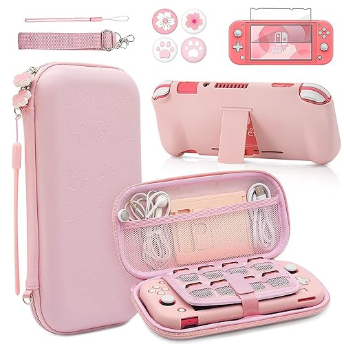 BRHE Pink Travel Carrying Case Accessories Kit for Switch Lite, Hard Protective Cover Skin Shell with Stand, Glass Screen Protector, Thumb Grip Caps 9 in 1 - switch lite