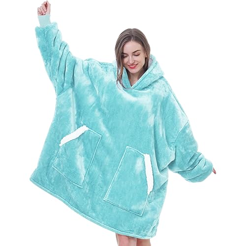 Kipswiza Oversized Wearable Blanket Sherpa Fleece Thick Warm Hoodie Blanket Big Hooded Sweatshirt Hoodie Blanket for Adults Women Girls Teenagers Teens Men Teal - A(aqua/Sherpa) - Adult