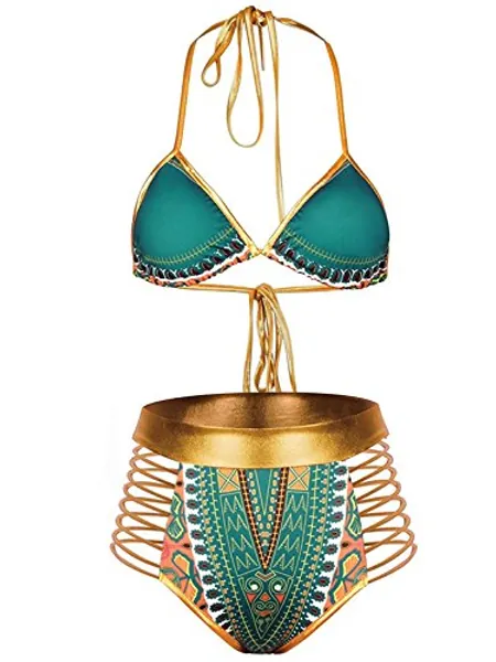 Zando Women Tribal Print Bikini African Metallic Swimsuit Two Piece Beachwear Cutout Halter Neck Bathing Suit Swimwear
