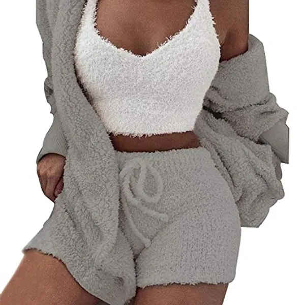 VNVNE Womens Sexy Fuzzy Warm Sherpa Fleece 3 Piece Outfit Fleece Coat Jacket Outwear and Spaghetti Strap Crop Top Shorts Set