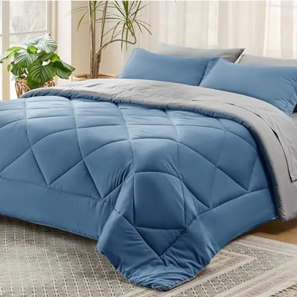 Bedsure Blue Full Comforter Set - 7 Pieces Reversible Bed Set Bed in a Bag Full with Comforters, Sheets, Pillowcases & Shams, Full Bedding Sets