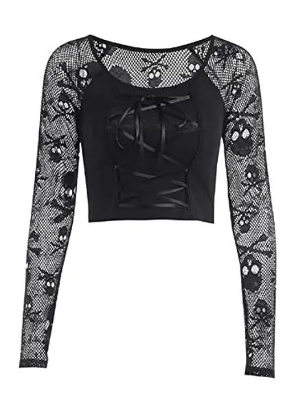 Goth Girl Sexy Street T-Shirt Women Lace Patchwork Short Sleeve Gothic Punk Tops