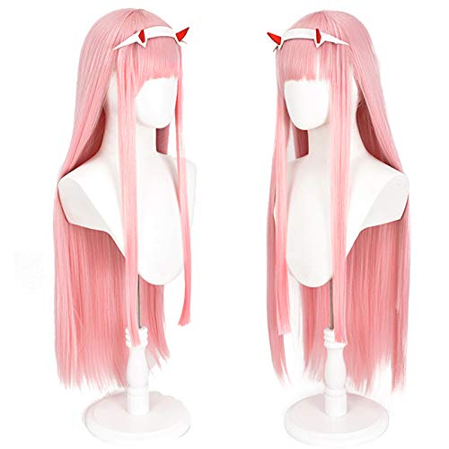 Soyusunny Long Pink Straight Cosplay Wig Costume Halloween Wigs for Women With Headband - Pink