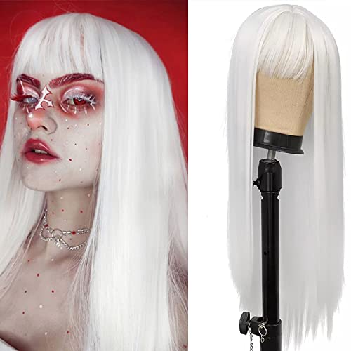 Netgo White Wig with Bangs, Long Straight White Wig for Women, 27 Inch Heat Resistant Synthetic Womens Hair Wigs for Cosplay Party Halloween - White