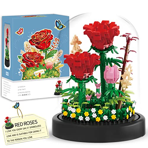Bestbase Flower Bouquets Building Toys - 596 PCS Red Rose Building Blocks Kit, Mini Toy Building Sets with Dust Cover Gifts for Mom, Home/Office Desk Decor Birthday Gifts for Women - Red Rose