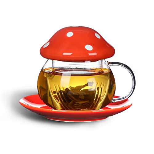 Mushroom Cup Cute Glass Tea Cup with Infuser and Lid Kawaii Mushroom Mug Set Coffee Teapot with Ceramic Coasters 11oz (Orange) - Orange
