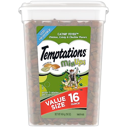 TEMPTATIONS MIXUPS Crunchy and Soft Cat Treats Catnip Fever Flavor, 16 oz. Tub - Chicken,Catnip,Cheddar Cheese - 16 Ounce (Pack of 1)