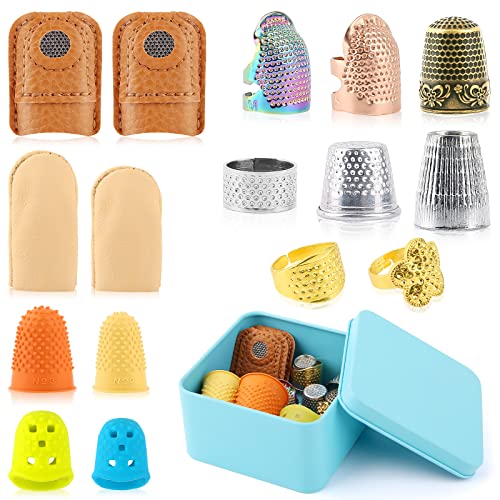 16 Pcs Sewing Thimble with Storage Box, Finger Protector, Finger Tips, Leather Thimble, Adjustable Metal Sewing, Thimble Rings, Rubber Thimble, Finger Protector Coin Thimble - 17pcs set