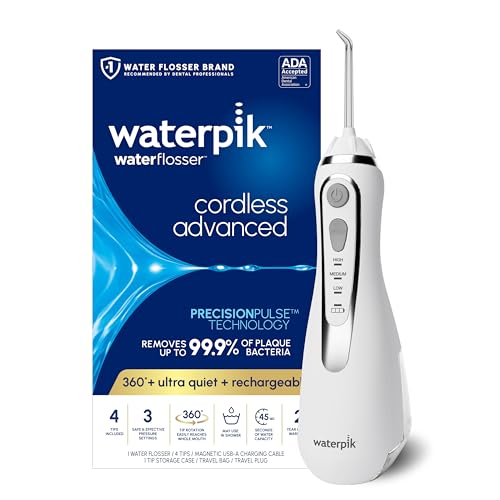 Waterpik Cordless Advanced 2.0 Water Flosser For Teeth, Gums, Braces, Dental Care With Travel Bag and 4 Tips, ADA Accepted, Rechargeable, Portable, and Waterproof, White WP-580, Packaging May Vary - White