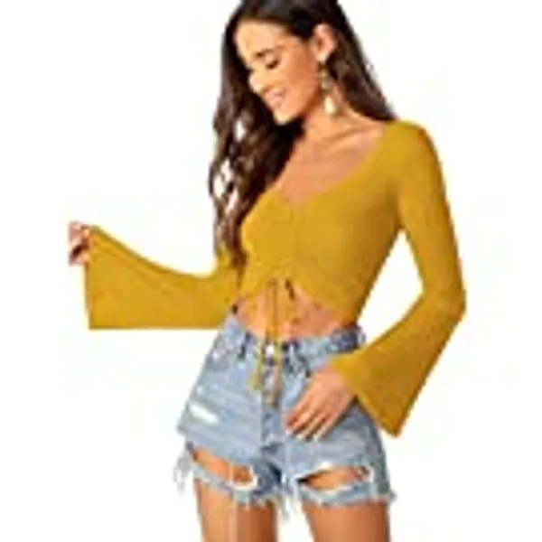 SweatyRocks Women's Adjustable Drawstring String Long Bell Sleeve Rib Knit Sexy Crop Top
