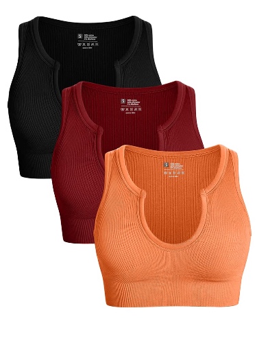 OQQ Women's 3 Piece Medium Support Crop Top Seamless Ribbed Removable Cups Workout Yoga Sport Bra - Black Winered Orange Small