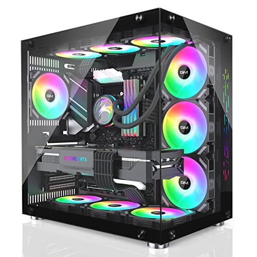GIM ATX Mid-Tower PC Case Black 10 Pre-Installed 120mm RGB Fans Gaming PC Case 2 Tempered Glass Panels Gaming Style Windows Computer & Desktop Case USB 3.0 I/O Port, Water-Cooling Ready (Black) - Black with Fans-GM1