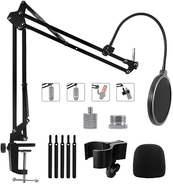Microphone Stand for Blue Yeti, Yeti Nano, Snowball and Other Mic, Adjustable Suspension Boom Arm Desk Stand with 3/8"to 5/8" 1/4" Screw, Windscreen Pop Filter, Mic Clip Holder, Cable Ties