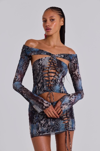 Bianca Macrame Mesh Mini Dress | UK 4 / Snake