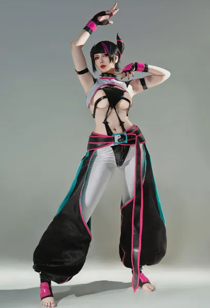 Street Fighter 6 Juri Cosplay Costume Top Vest and Pants with Gloves Belt