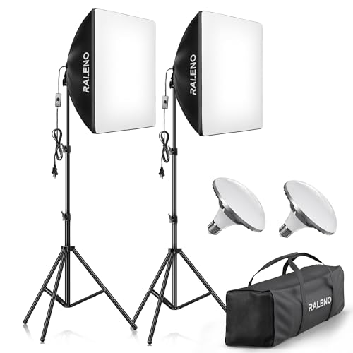 RALENO Softbox Lighting Kit, 2×20’’×20’’ Photography Studio Lighting with 50W 5500K CCT LED Bulbs, 95+ CRI Light Box Lighting for Video Recording, Studio, Portraits and Product Shooting Youtube