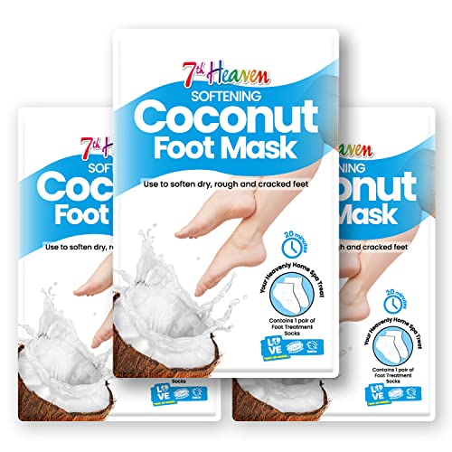 7th Heaven Softening Coconut Foot Mask Multipack (Pack of 3) with Shea Butter to Soften and Repair Dry, Rough and Cracked Feet (3 Pairs of Foot Treatment Socks)