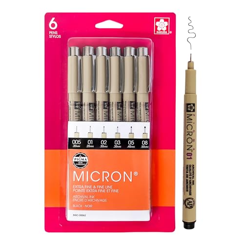 SAKURA Pigma Micron Fineliner Pens - Archival Black Ink Pens - Pens for Writing, Drawing, or Journaling - Assorted Point Sizes - 6 Pack - Black - 1 Count (Pack of 6) - Ink Pen Set