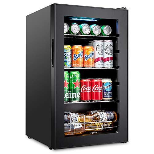 Ivation 101 Can Beverage Refrigerator | Freestanding Ultra Cool Mini Drink Fridge | Beer, Cocktails, Soda, Juice Cooler for Home & Office | Reversible Glass Door & Adjustable Shelving - Black - 101 Can - Black