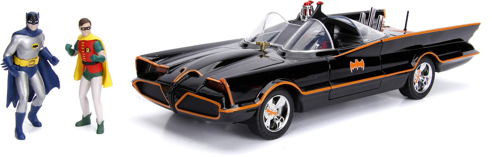 Jada 98625 DC Comics Classic TV Series Batmobile Die-cast Car, 1:18 Scale Vehicle & 3" Batman & Robin Collectible Figurine 100% Metal, Black - Car