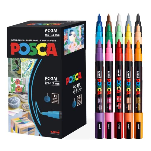 15 Posca Paint Markers, 3M Fine Posca Markers with Reversible Tips, Posca Marker Set of Acrylic Paint Pens | Posca Pens for Art Supplies, Fabric Paint, Fabric Markers, Paint Pen, Art Markers - Marker Fine Point