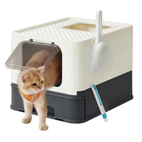 Feandrea Katzenklo, Katzentoilette, mit Deckel, ausziehbares Tablett, Schaufel, Bürste, geräumig für Katzen bis 15 kg, weniger Spuren, auslaufsicherer Boden, beige-schwarz PPT001W01