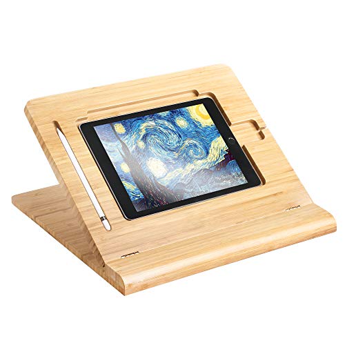 ELETIUO Tablet Stand Holder Adjustable Foldable,Multi-Angle Bamboo Wooden Organizer Desktop Holder for iPad,Stable for Drawing,Watching,Typing (Support Multiple Devices) - A