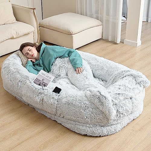YAEM Human Dog Bed Fits You and Pets for People Doze Off, Washable Faux Fur Napping Orthopedic Dog Bed, Present Plump Pillow, Blanket, Strap-Grey, 71"x45"x14" - Grey