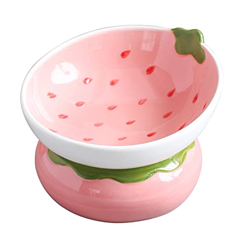 Yeexoxow Ceramic Raised Cat Bowl, Pink Elevated Cat Food Bowl for Indoor Cats, Anti Vomiting & Protect Pet's Spine, Cute Tilted Cat Dish for Flat Faced Cats and Kitten (Strawberry Shaped) - Strawberry Shaped