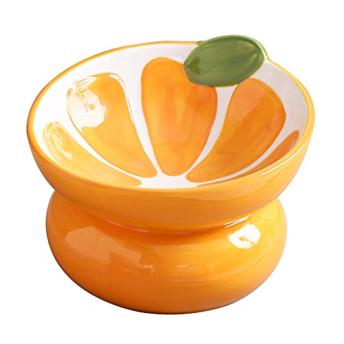 Yeexoxow Ceramic Raised/Elevated Cat Food Bowl for Indoor Cats, Anti Vomiting & Protect Pet's Spine, Cute Fruit Themed Tilted Cat Dish for Flat Faced Cats and Kitten (Orange Shaped) - Orange Shaped