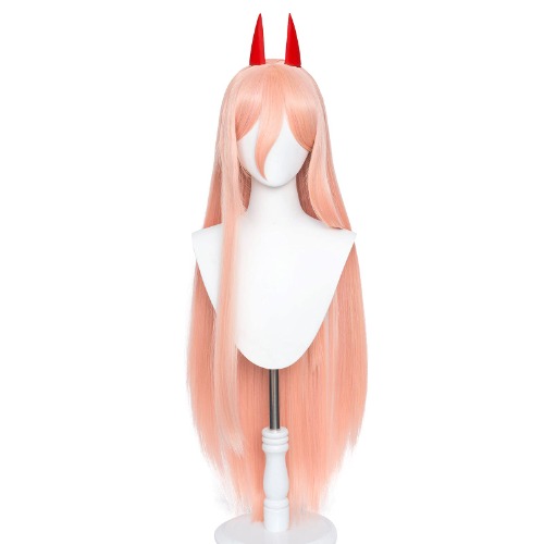 Uniquebe Power Cosplay Wig for Anime CSM, Pink Long Straight Wigs with Horn for Women Girls (Power wig)