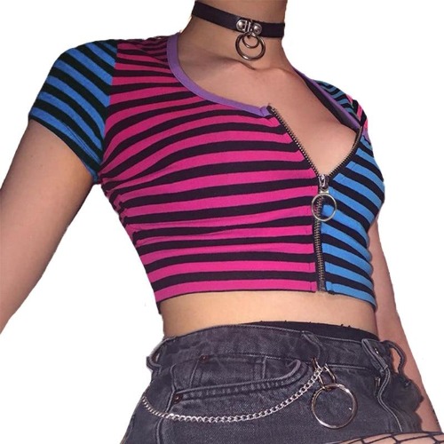 Striped Zip Up Crop Top - L