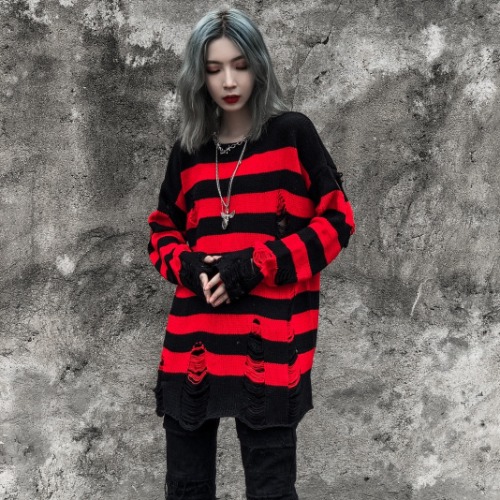'Flame of Fear' Red & Black Torn Striped Sweater - L / Red