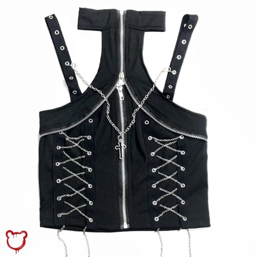 Black Gothic Chain Backless Arrow Top - Black / L