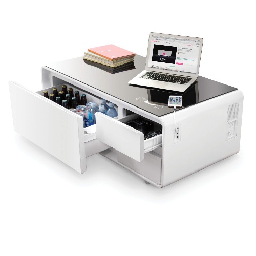 sobro Coffee Table with Built in Fridge, Speakers, Outlets, LED Light, and More - White - White