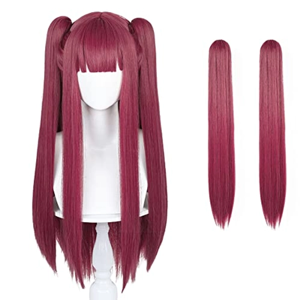 Dark Red Pigtails Wig Devil Cosplay Costume Straight Ponytails Anime Cute Kawaii Wig with Bangs + Cap (Dark Red)