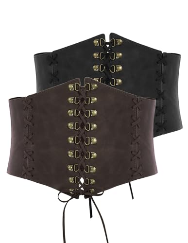 Scarlet Darkness Women Wide Belt Elastic Waist Belt Lace-up Corset Belts for Dress - Two-peice-black and Brown - Medium