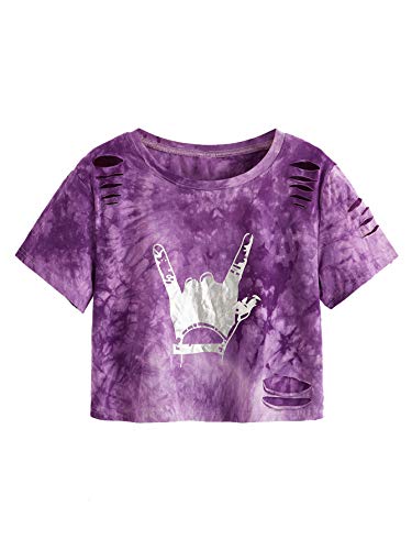 SweatyRocks Women's Short Sleeve T Shirt Graphic Print Distressed Crop Top - Medium - Tie Dye Purple