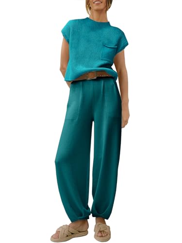 ANRABESS Women's Two Piece Outfits Knit Sweater Pullover Crop Top & Pants Lounge Matching Tracksuit Sweatsuit Sets - Deep Green - Medium