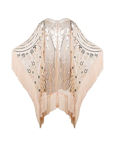 BABEYOND 1920s Sequin Beaded Shawl Wraps Fringed Evening Cape Scarf for Wedding - Champagne
