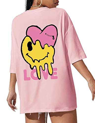 MISSACTIVER Women Oversized Graphic Print Tee Shirt Loose Short Sleeve Round Neck Drop Shoulder Tee Top Pullover - Medium - Baby Pink-1