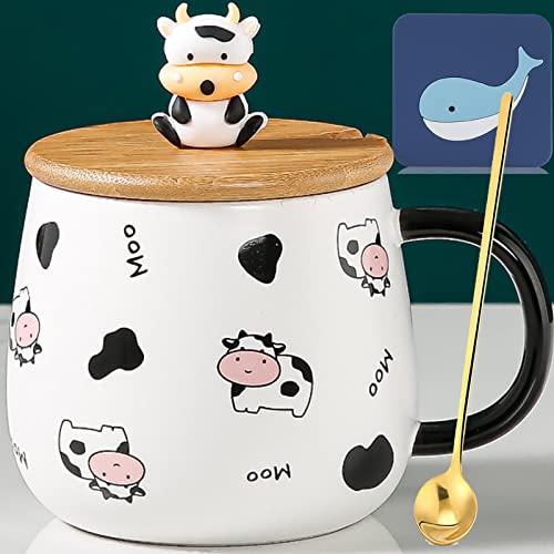 Arawat Cute Cow Mug Gifts Kawaii Cup Cow Coffe Mugs with Lid and Spoon Cow Print Stuff Kitchen Decor 400ml Ceramic Tea Coffee Cow Mugs 3D Animal Mug Birthday Gifts for Women Men Girls Kids Cow Lovers - Cute Ceramic mug
