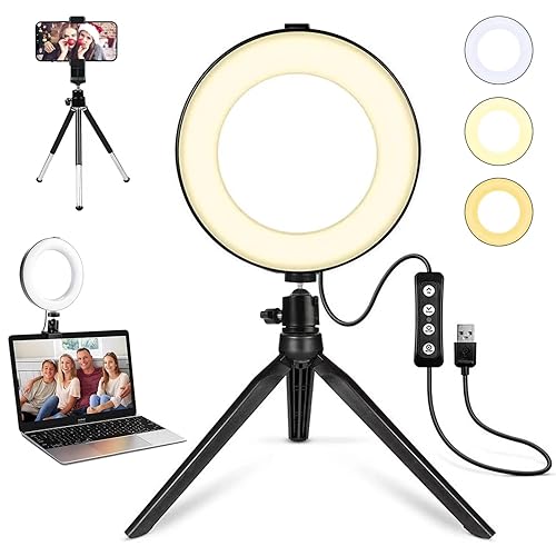 2 in 1 LED 6" Ring Light with Tripod Stand & Clamp for YouTube Video and Makeup, Mini LED Camera Light with Cell Phone Holder Desktop LED Lamp with 3 Light Modes & 11 Brightness Level - 6‘’ with Tripod & Clamp