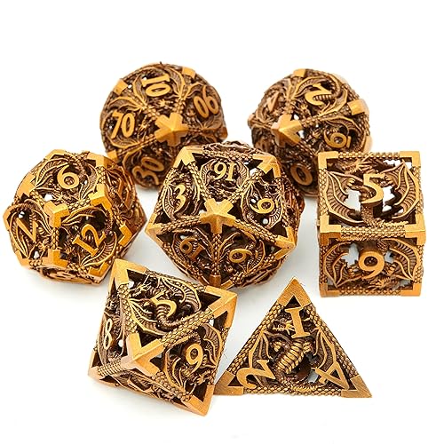 DND Dice Set Metal Dice Dungeons and Dragons Dice Gift Polyhedral Dice Set D&D Role Playing Dice D20 Hollow Polyhedral Dice Set for Dungeons and Dragons RPG MTG Table Games - Ancient Gold