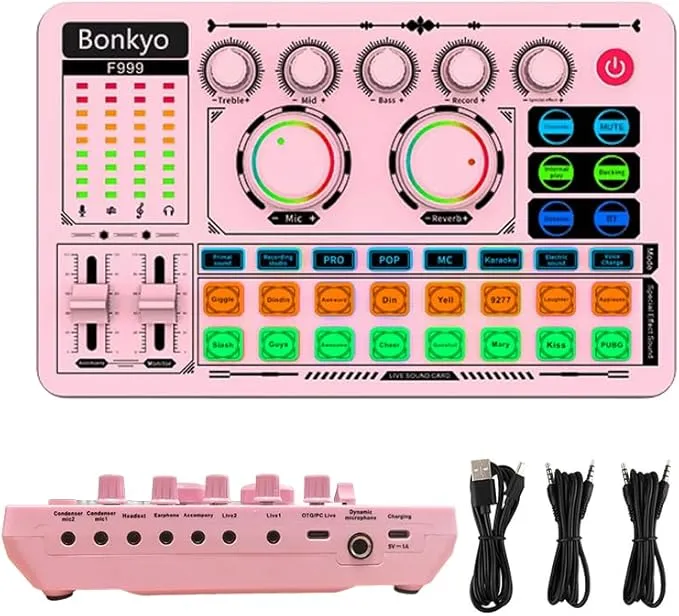 F999 Pink Live Streaming Sound Card, Professional Audio Mixer, Voice Changer Soundboard with Audio Interface, Bluetooth, Noise Reduction, DJ Mixer Board for Live/Podcasting/Gaming