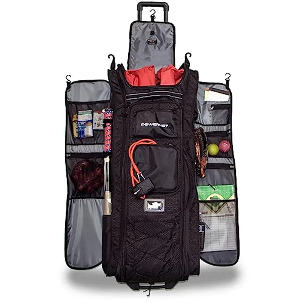 PowerNet All Gear Transporter | Rolling Baseball Equipment Bag for Coaches All w/Terrain Wheels | Large Main Compartment Fits Four 7x7 Net or Training Equipment Bags | Side Bat Sleeve and 20+Pockets